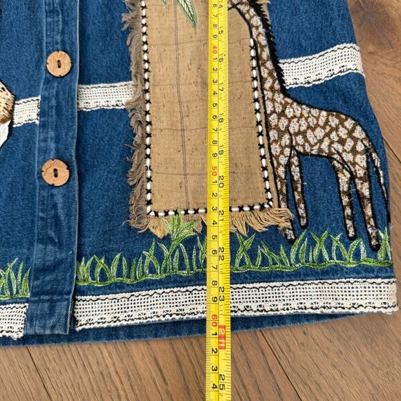 Vintage Giraffe Safari Patchwork Wood Button Denim Jacket Cotton Medium - Picture 6 of 6